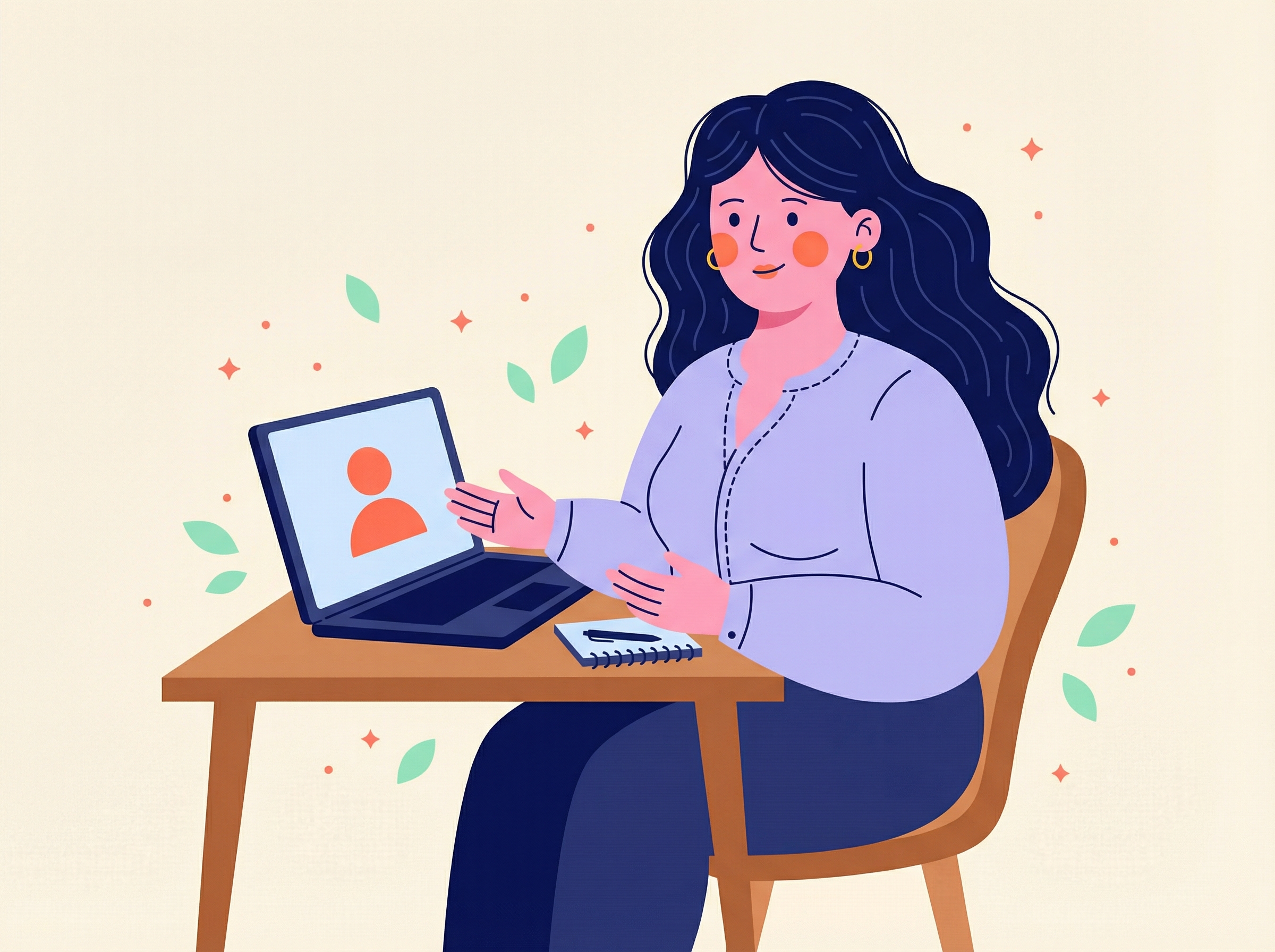 Illustration flat design — séance de sophrologie en visio depuis chez soi