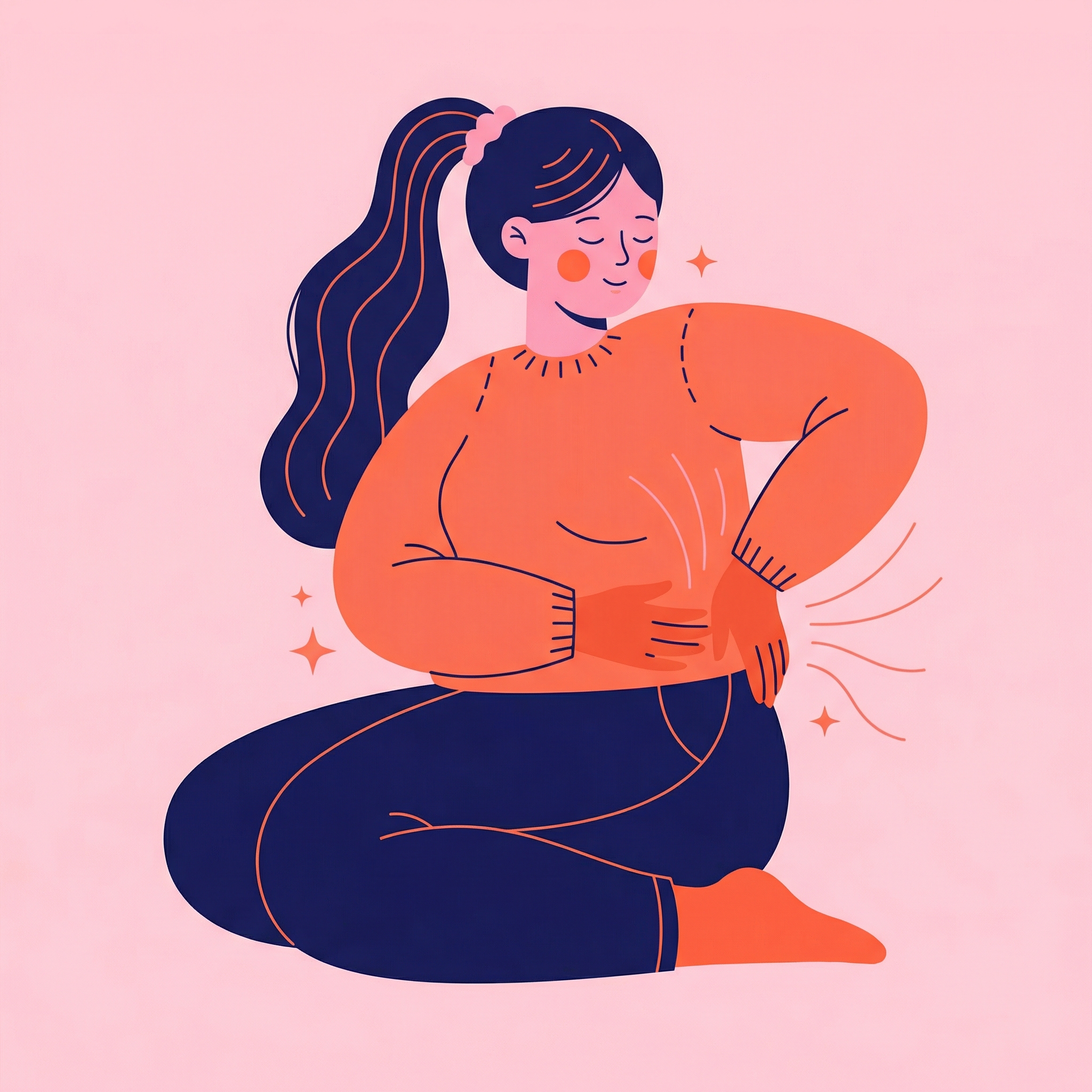 Illustration : femme assise placant ses mains dans le bas du dos, geste d'auto-soin et de douceur
