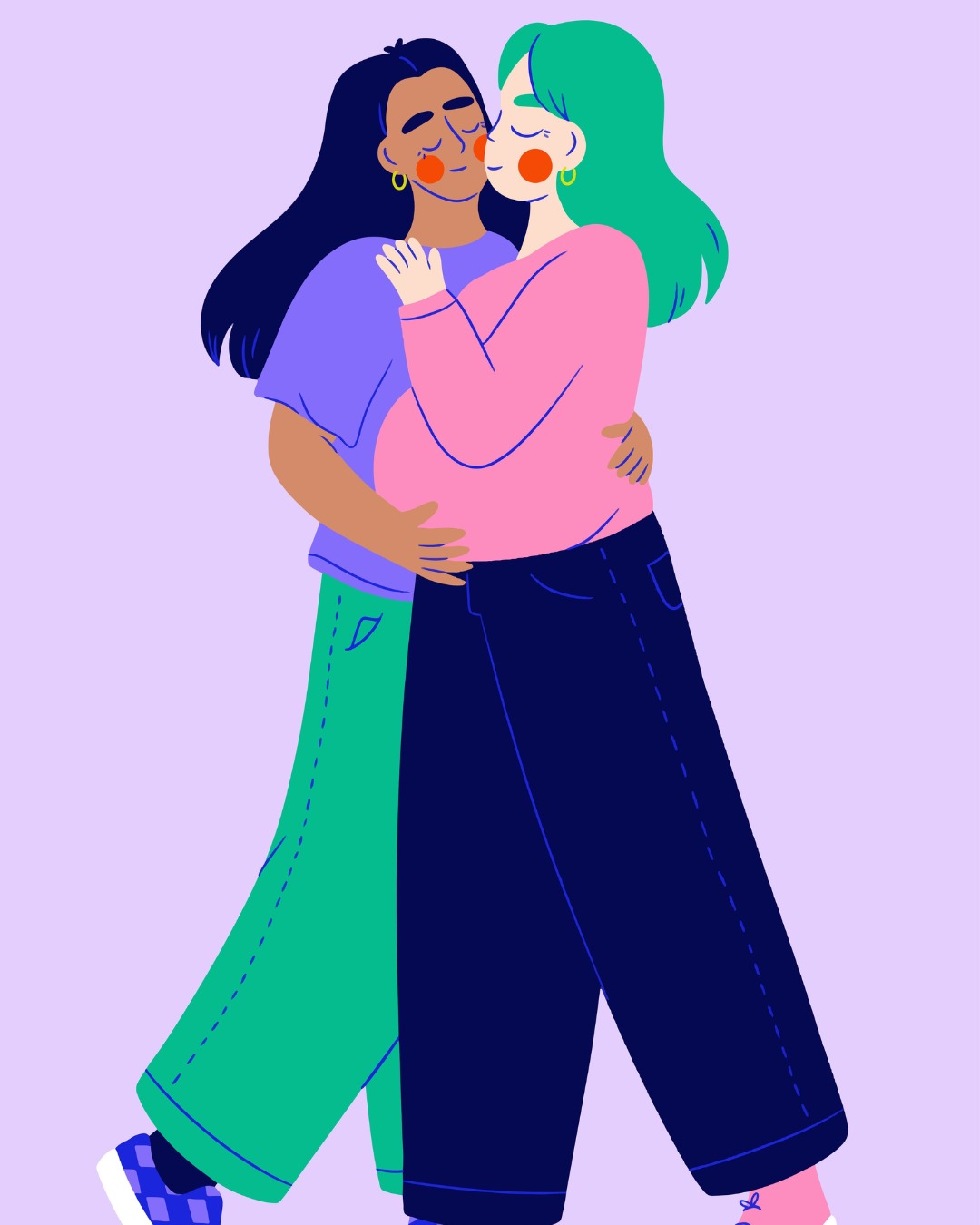 Illustration aquarelle de deux femmes partageant une &eacute;treinte de soutien