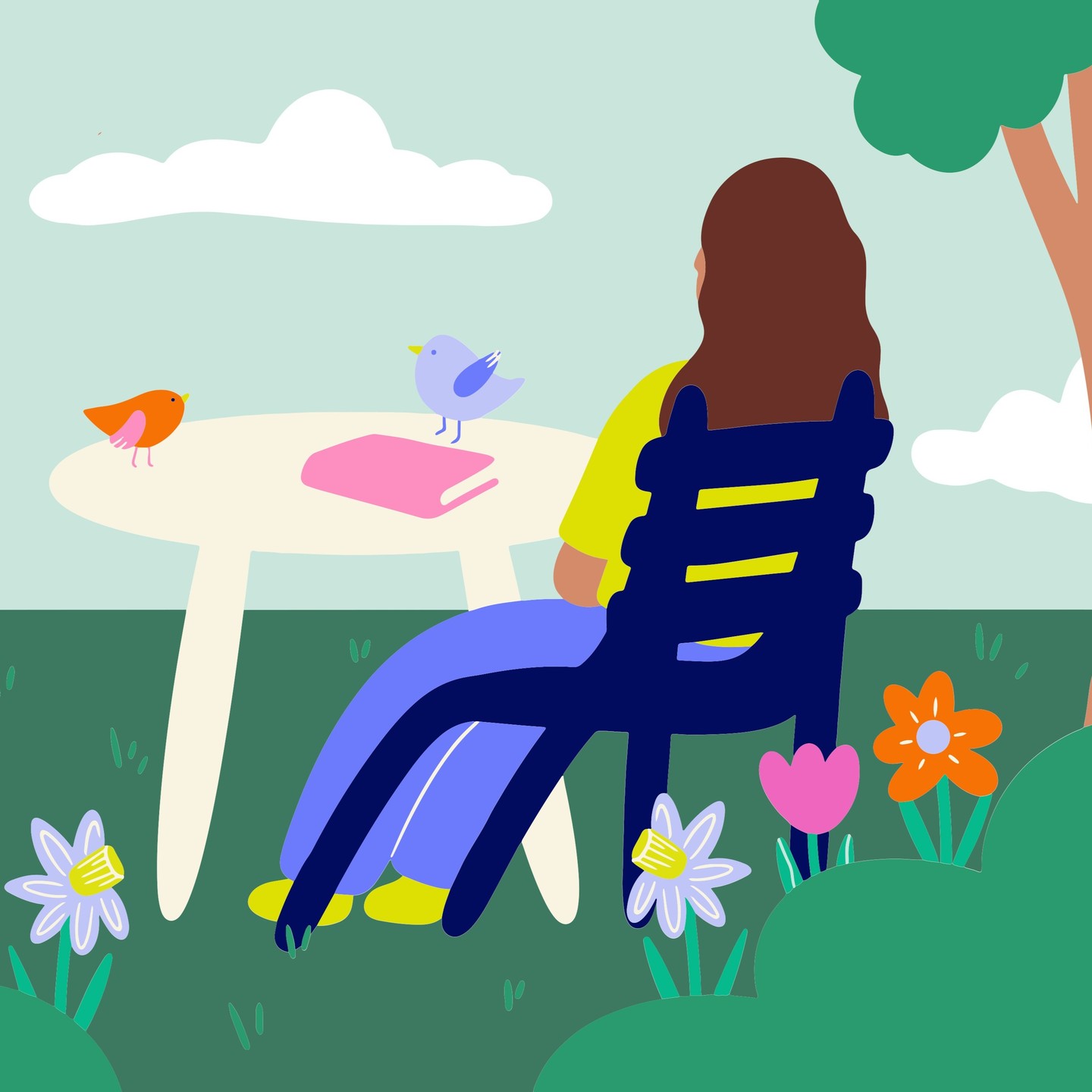 Illustration aquarelle d'une femme lisant dans un jardin fleuri