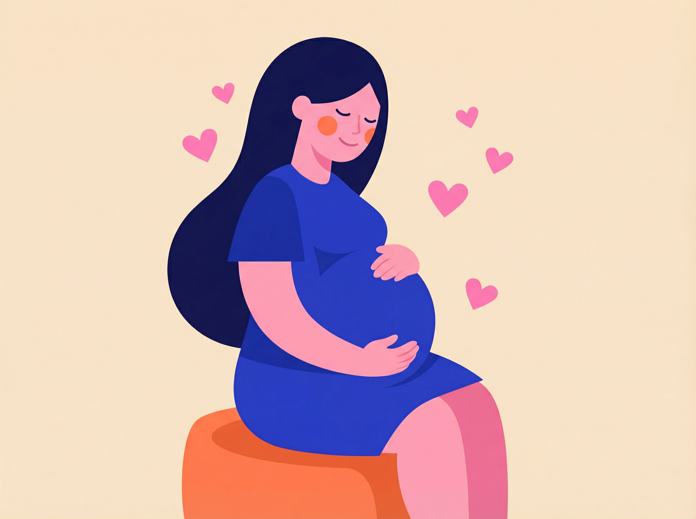 Illustration d'une femme enceinte assise sereinement, mains sur le ventre, entourée de cœurs