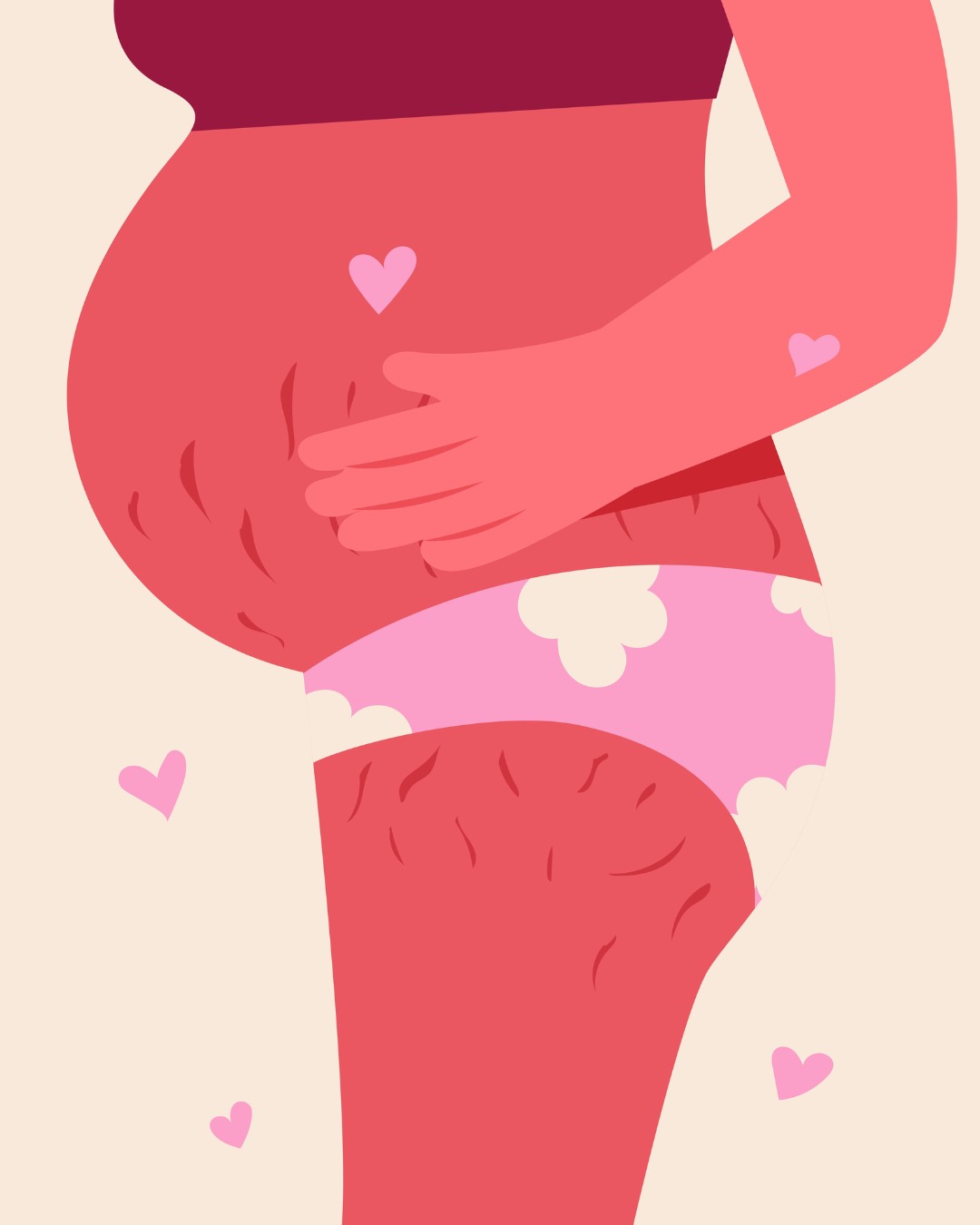 Illustration douce d'une femme enceinte, ventre avec vergetures et coeurs, body positive