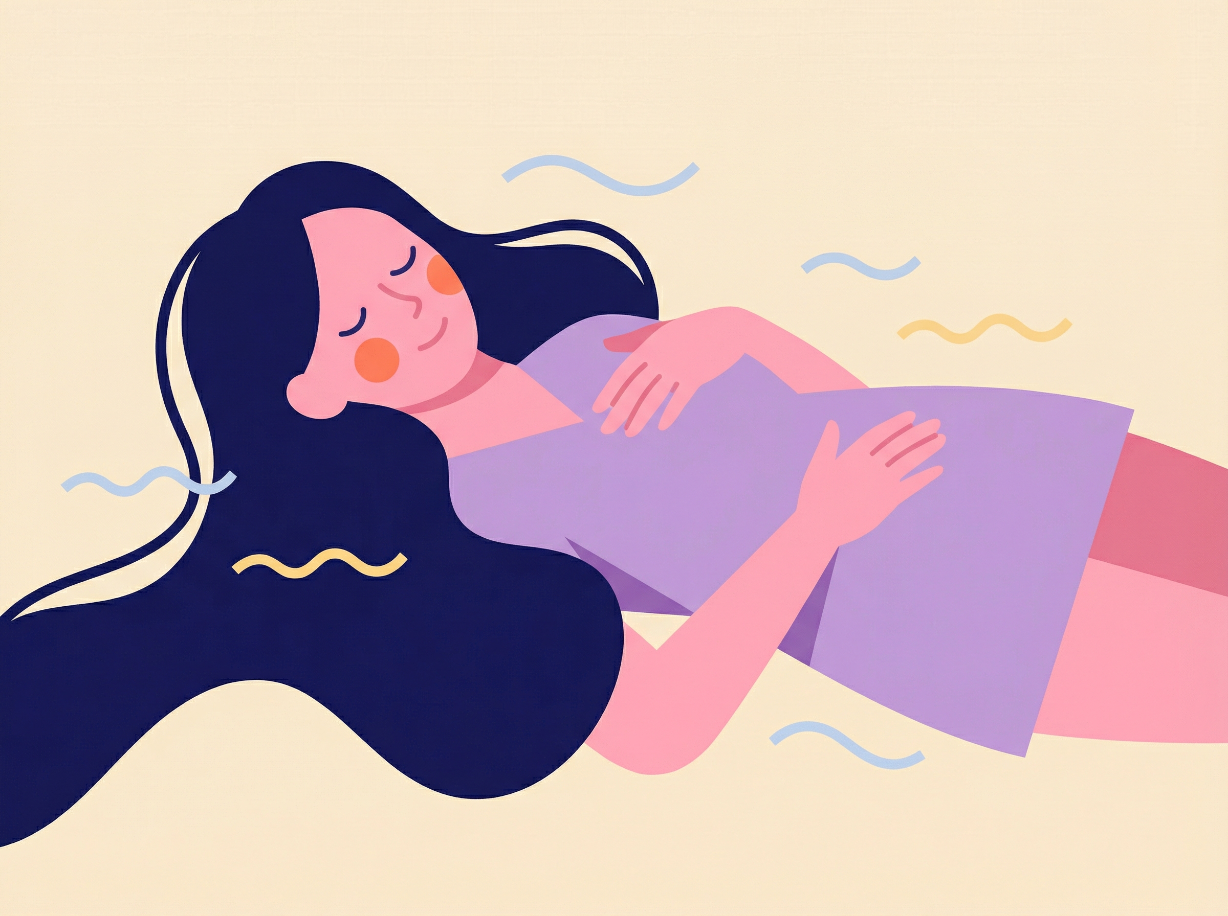 Illustration d'une femme enceinte allongée en relaxation, préparant son accouchement en douceur